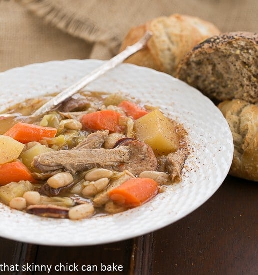 French Garbure Stew in a white soup bowl