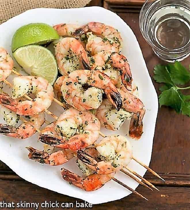 Skewered Margarita Shrimp on a white platter