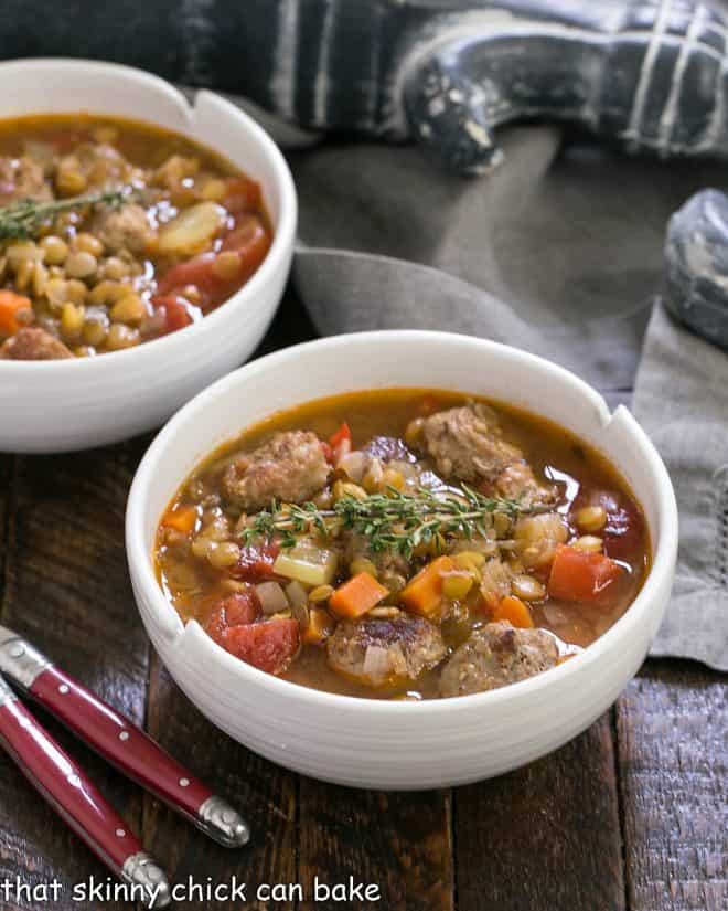 two bowls of lentil vegetable soup