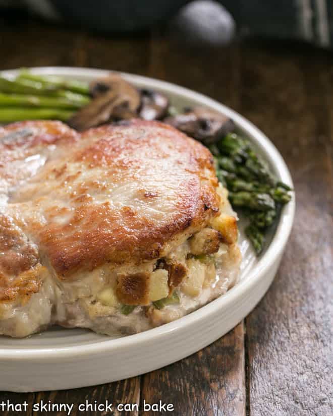 Close view of Stuffed Pork Chops with Apple Thyme Sauce 