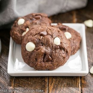 3 Brownie Drop Cookies on a square white plate