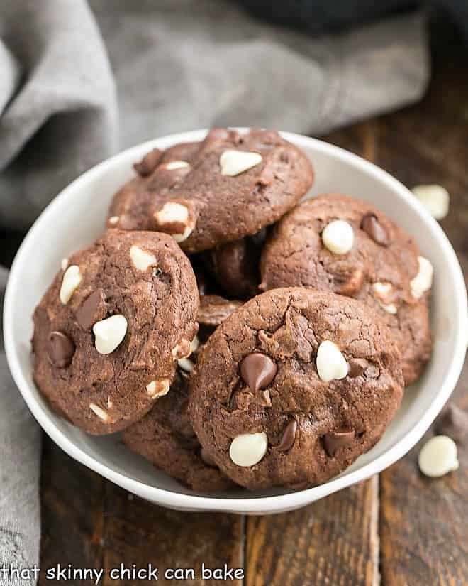 Overhead view of Brownie Drop Cookies in a white bowl.