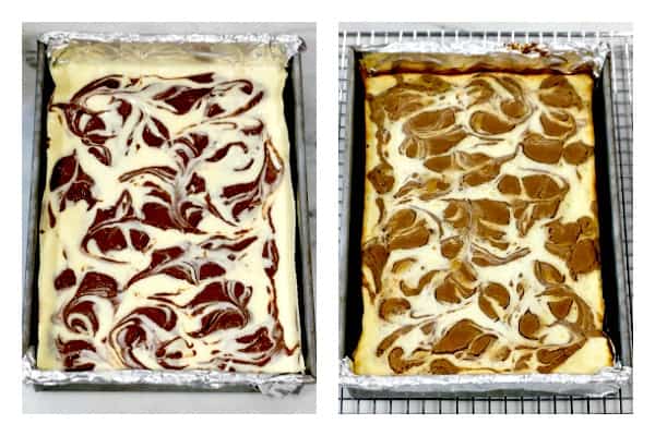 Two photos showing how to swirl brownie cheesecake bars