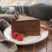 A slice of chocolate brownie cake on a white dessert plate garnished with 2 fresh raspberries