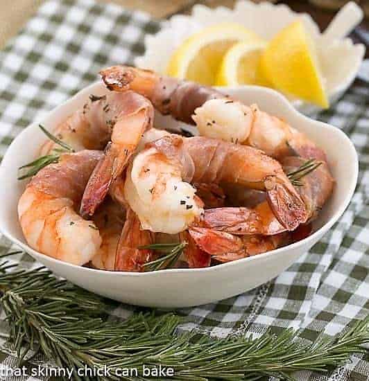 Rosemary Prosciutto Shrimp in a white bowl.