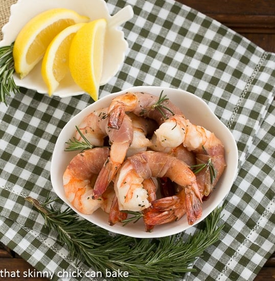 Rosemary Prosciutto Shrimp overhead view in a white bowl.