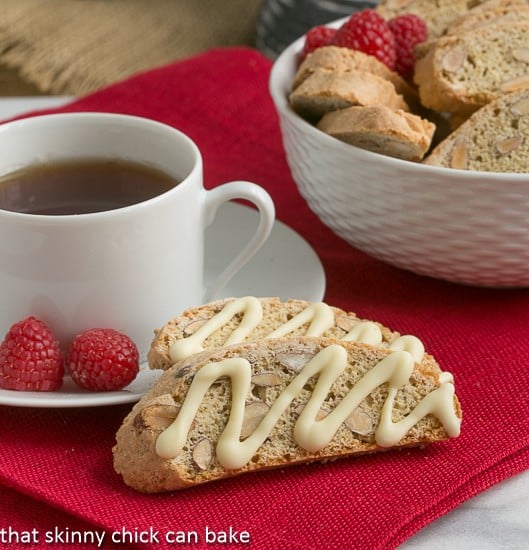 Cantuccini or Almond Biscotti perched next to a cup of hot tea