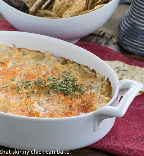 Hot Artichoke Shrimp Dip in an oval casserole dish.