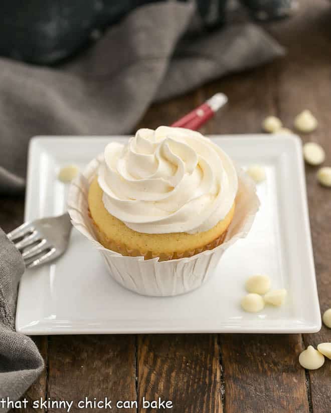 Vanilla Cupcakes with White Chocolate Buttercream on a square white dish