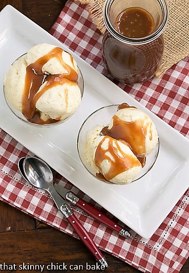 Caramel Topped Sundaes from above on a white tray