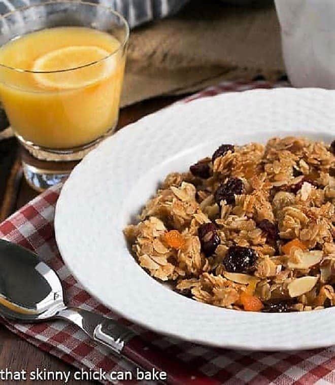 Chunky Maple Coconut Granola in a white ceramic bowl