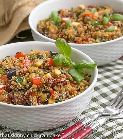  Quinoa Salad with Roasted Vegetables in two white bowls