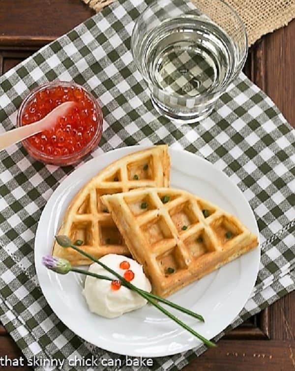 Smoked Salmon Waffles on a white plate from above.