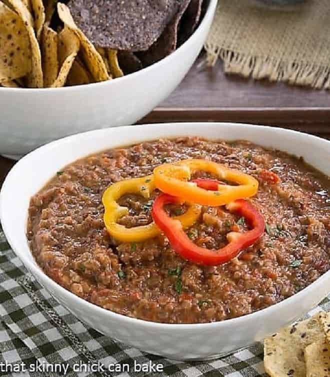 Smoky Black Bean Dip in a white serving bowl.