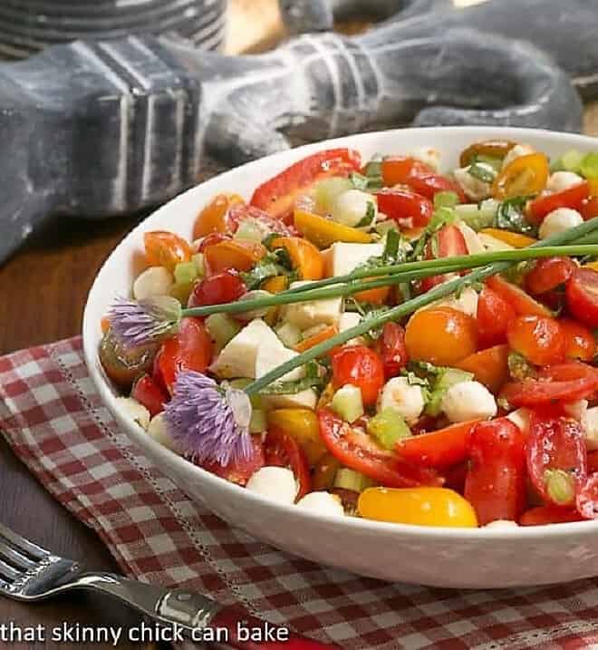 Caprese Salad with Chicken in a white serving bowl