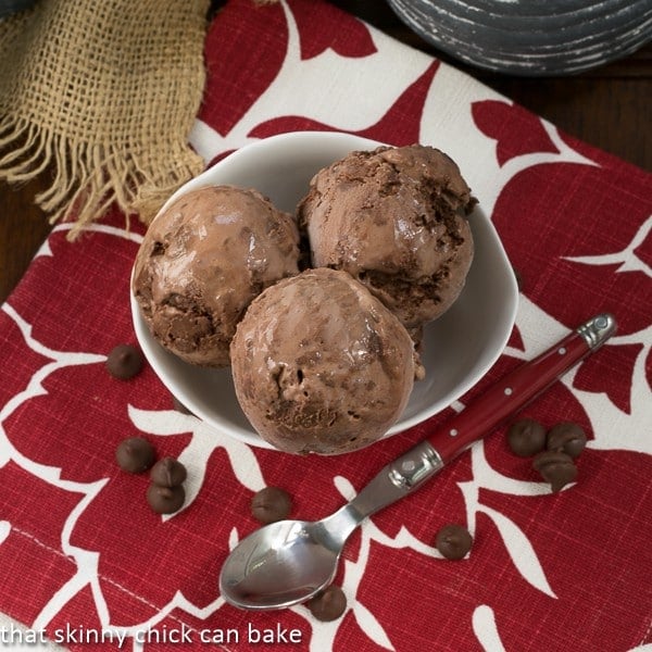 Overhead view of scoops of Chocolate Truffle Ice Cream in a white bowl