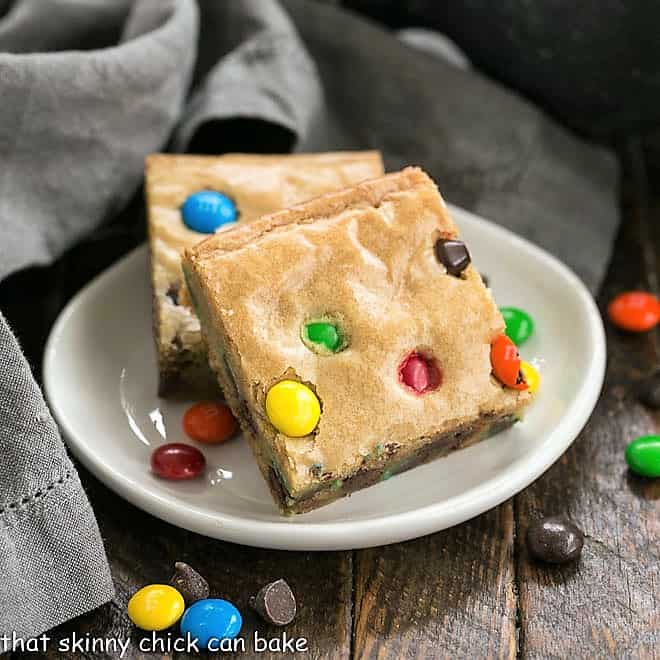 M & M Blondies on a white plate
