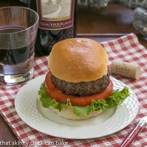 Mushroom Topped Pinot Noir Burgers from That Skinny Chick Can Bake