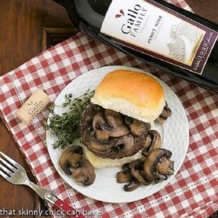 Overhead view Mushroom Topped Pinot Noir Burgers