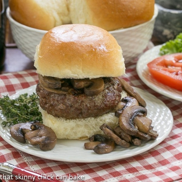 Mushroom Topped Pinot Noir Burgers from That Skinny Chick Can Bake