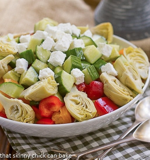 Greek Salad in a white serving bowl