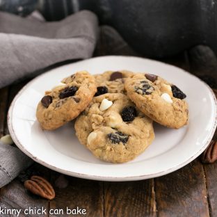 Oatmeal, Cherry and Chocolate Chip Cookies on a round white plate