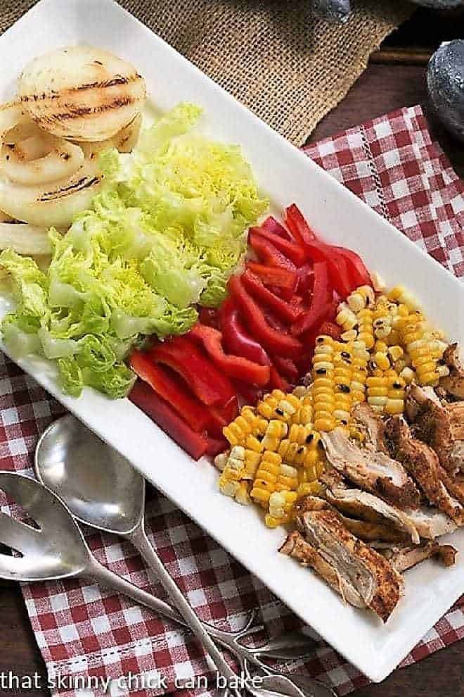 Southwestern Chicken Salad ingredients on a white rectangular platter