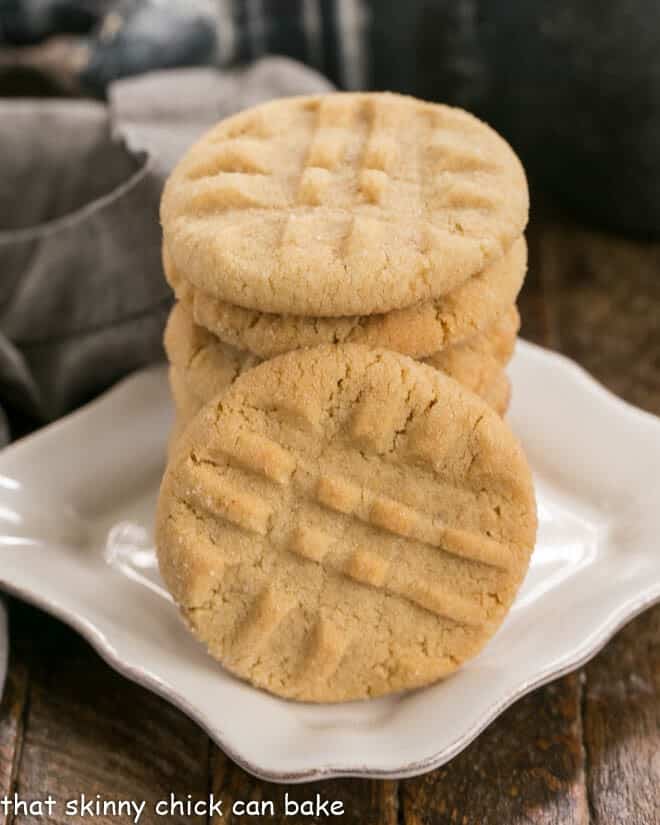 The Best Peanut Butter Cookies on a square white dessert plate 