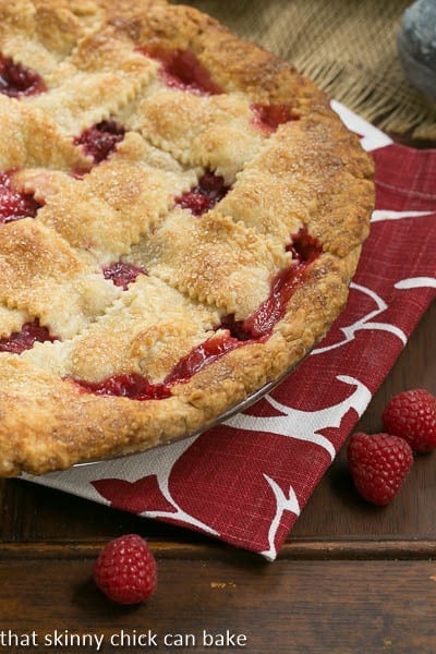 Lattice Topped Raspberry Pie overhead shot of lattice crust.