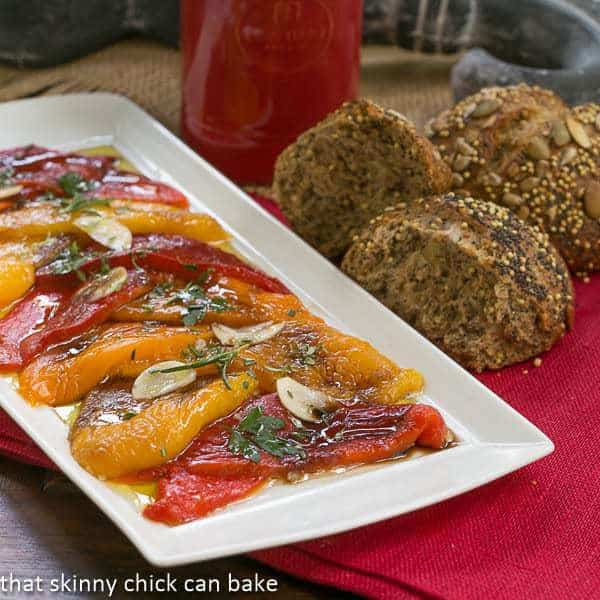 Oven Roasted Peppers on a white ceramic tray.