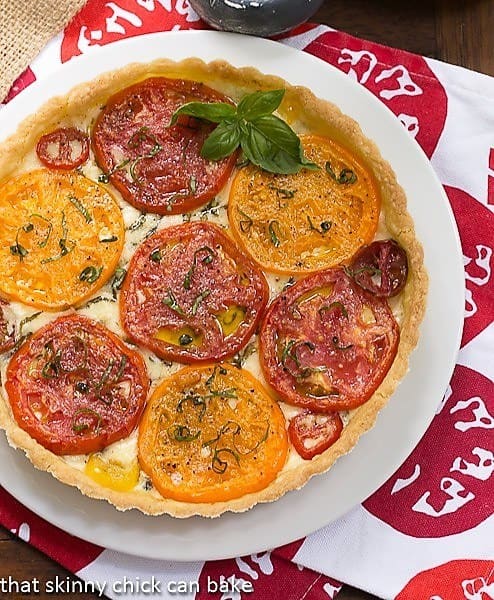 Summer Tomato Tart on a red and white napkin