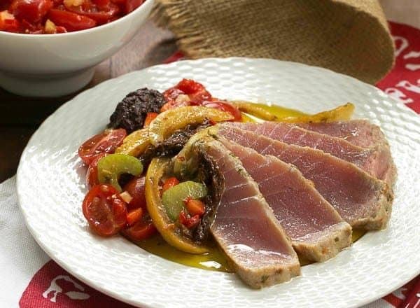 Tuna confit with black olive tapenade and tomato salsa