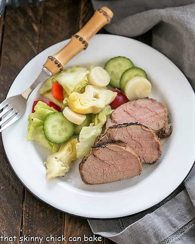 Overhead view of grilled pork tenderloin.