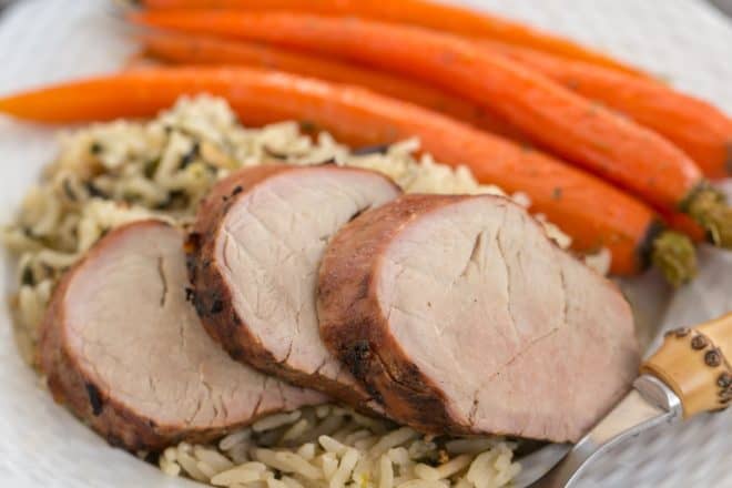 Whiskey Marinated Pork Tenderloin with rice and carrots