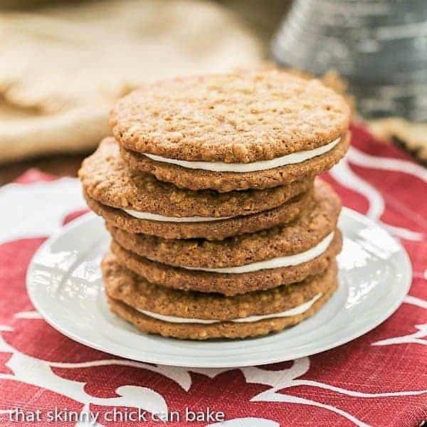 A white tray full of Oatmeal Creme Pies.