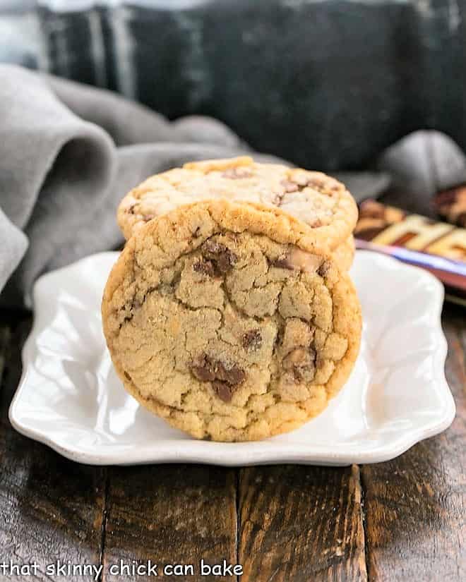 Brown Butter Toffee Cookies on a small square ceramic plate