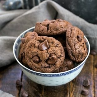 Double Chocolate Chunk Cookies in an Asian blue bowl