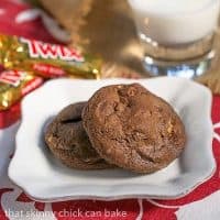 Two Double Chocolate Twix cookies on a white plate