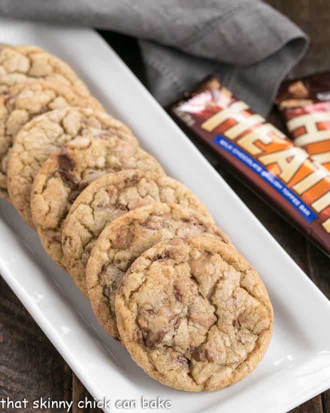 Toffee Cookies on a white tray.