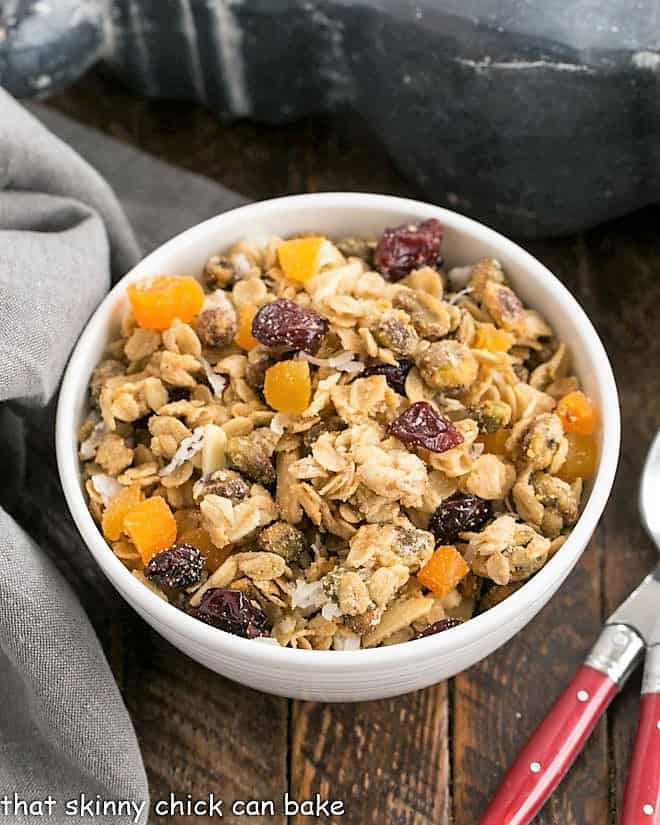 Overhead view of Pistachio Coconut Granola with 2 spoons