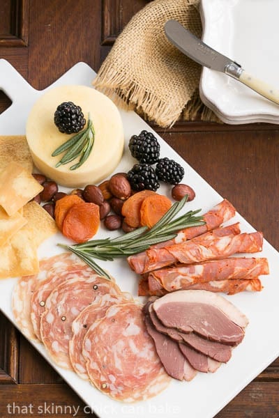 Making a charcuterie platter - perfect for your entertaining needs! Overhead view of Charcuterie Platter.