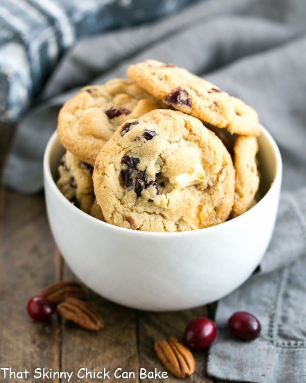 Cranberry, White Chocolate, Crystallized Ginger Cookies in a white ceramic bowl