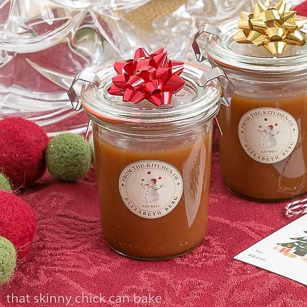 Microwave Caramel Sauce in jars with bows for gift giving.