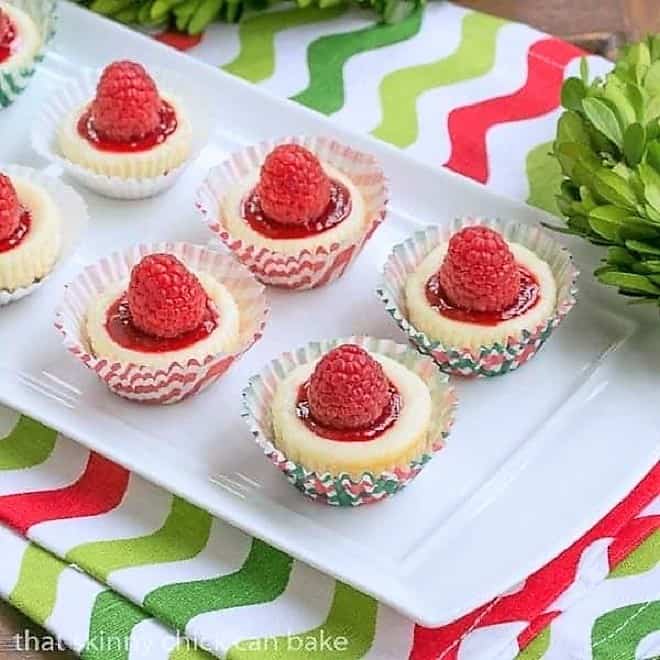 Mini Mascarpone Cheesecakes on a white ceramic tray.