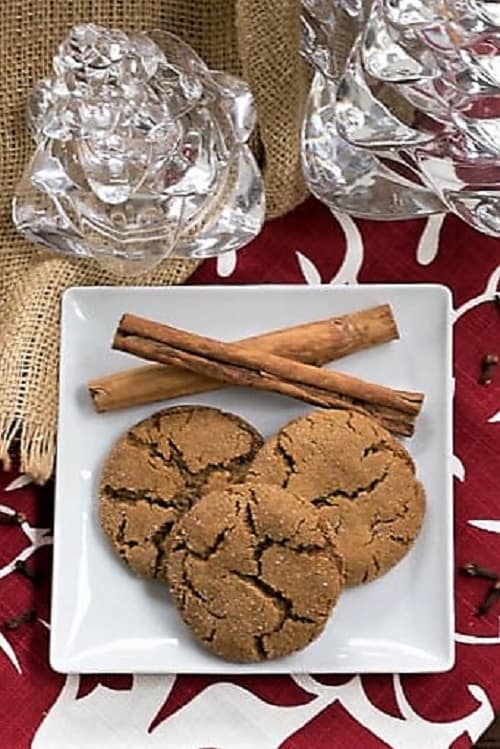 Triple Ginger Snaps on a white plate from an overhead view