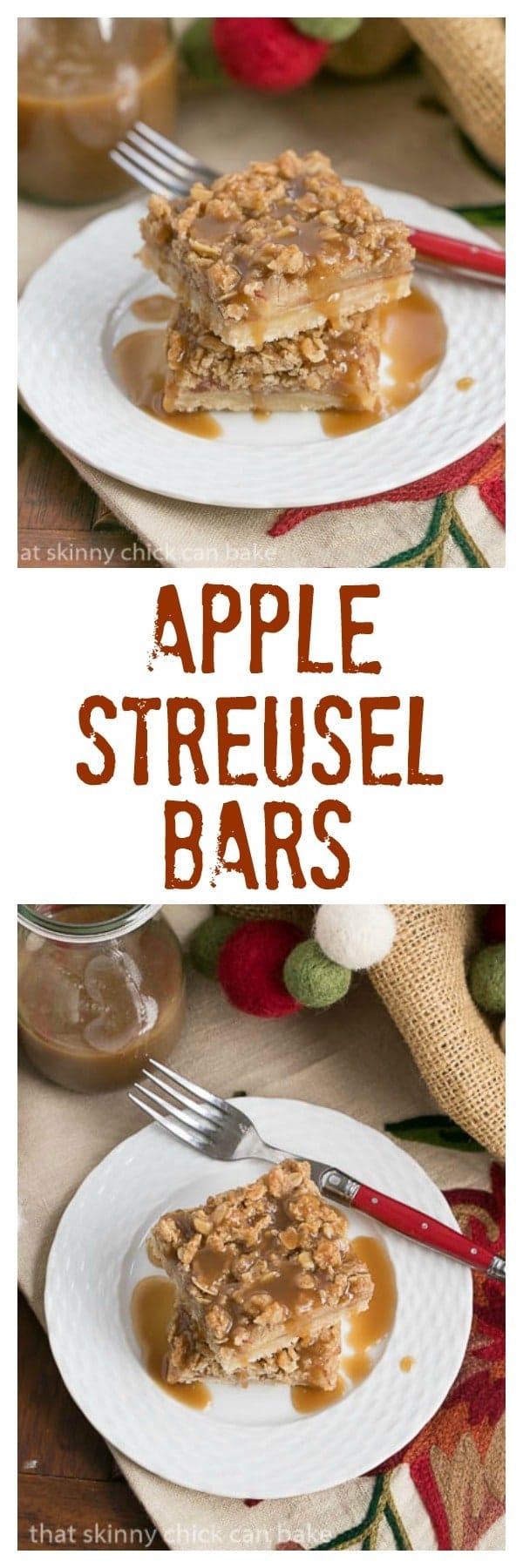 Caramel Apple Streusel Bars with a drizzle of caramel sauce