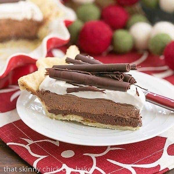 Chocolate Mousse pie slice with chocolate curls.