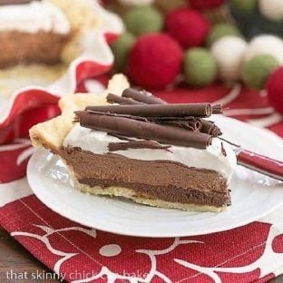 Chocolate Mousse pie slice with chocolate curls
