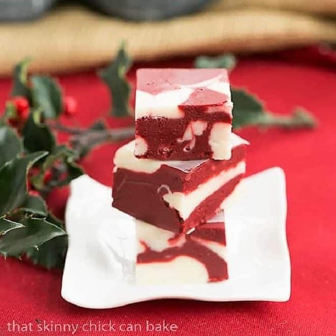 Red Velvet Fudge on a small square rippled plate