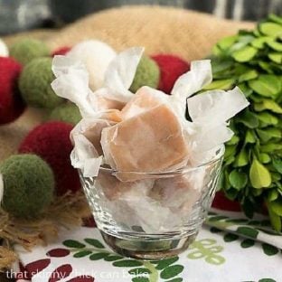 Soft Vanilla Caramels in a small glass dish